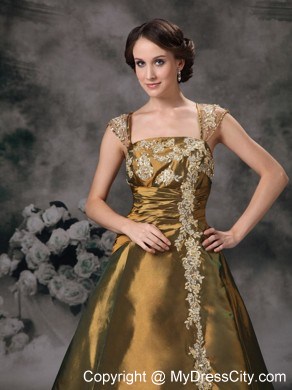 Square Neck Cap Sleeves Taffeta Prom Dress with Appliques