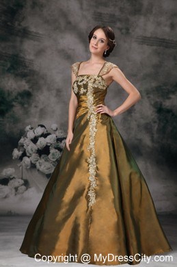 Square Neck Cap Sleeves Taffeta Prom Dress with Appliques