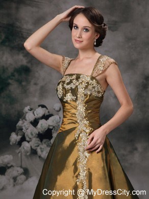 Square Neck Cap Sleeves Taffeta Prom Dress with Appliques