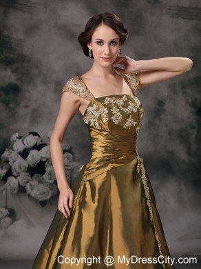 Square Neck Cap Sleeves Taffeta Prom Dress with Appliques