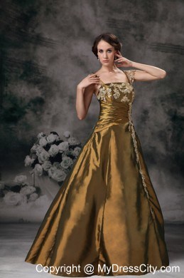 Square Neck Cap Sleeves Taffeta Prom Dress with Appliques