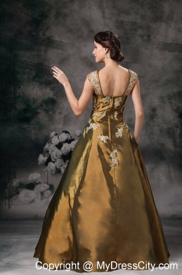 Square Neck Cap Sleeves Taffeta Prom Dress with Appliques