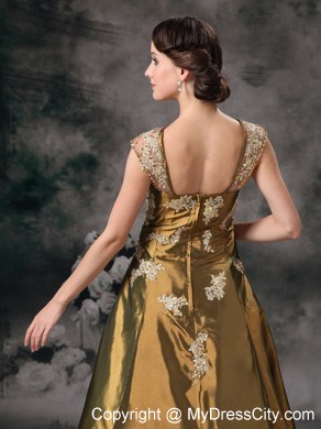 Square Neck Cap Sleeves Taffeta Prom Dress with Appliques