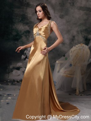 Gold Beaded Straps Taffeta Prom Dress with Brush Train