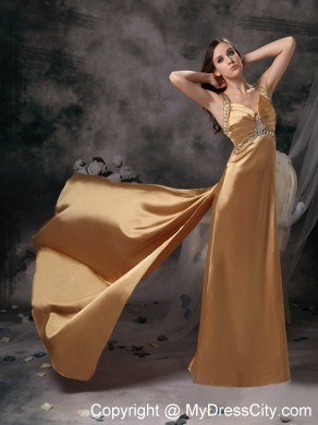 Gold Beaded Straps Taffeta Prom Dress with Brush Train