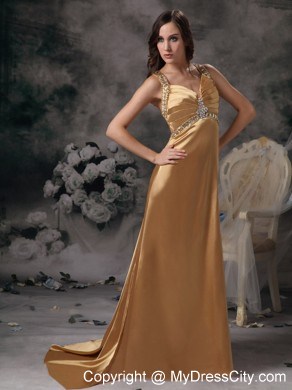 Gold Beaded Straps Taffeta Prom Dress with Brush Train