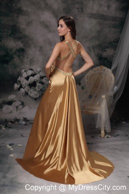 Gold Beaded Straps Taffeta Prom Dress with Brush Train