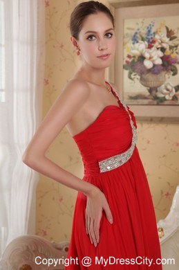 High Low One Shoulder Chapel Train Chiffon Beaded Prom Dress