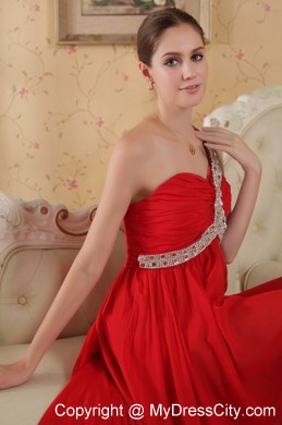 High Low One Shoulder Chapel Train Chiffon Beaded Prom Dress