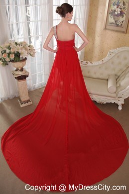 High Low One Shoulder Chapel Train Chiffon Beaded Prom Dress