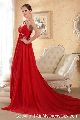 Scoop Neck Beading Court Train Chiffon Red Prom Dress for Ladies