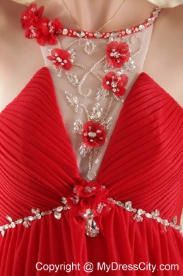 Scoop Neck Beading Court Train Chiffon Red Prom Dress for Ladies