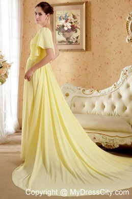 Yellow One Sleeves Beading Ruche Court Train Chiffon Prom Dress