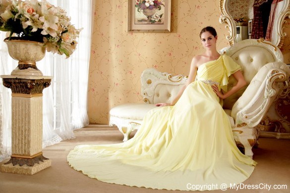 Yellow One Sleeves Beading Ruche Court Train Chiffon Prom Dress