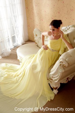 Yellow One Sleeves Beading Ruche Court Train Chiffon Prom Dress