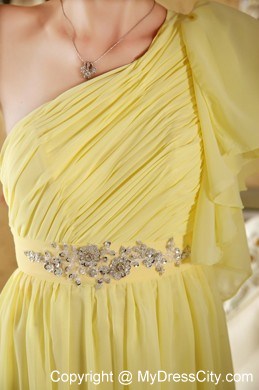 Yellow One Sleeves Beading Ruche Court Train Chiffon Prom Dress