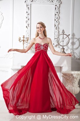 Wine Red Sweetheart Beading Court Train Chiffon Prom Dress