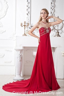 Wine Red Sweetheart Beading Court Train Chiffon Prom Dress