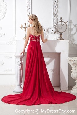 Wine Red Sweetheart Beading Court Train Chiffon Prom Dress