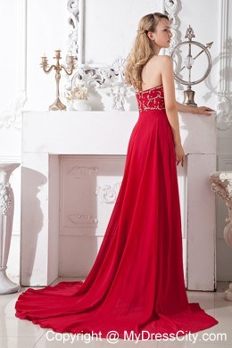 Wine Red Sweetheart Beading Court Train Chiffon Prom Dress