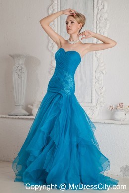 Teal Sweetheart Mermaid Prom Dress with Brush Train and Appliques