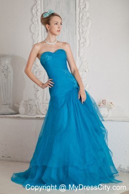 Teal Sweetheart Mermaid Prom Dress with Brush Train and Appliques