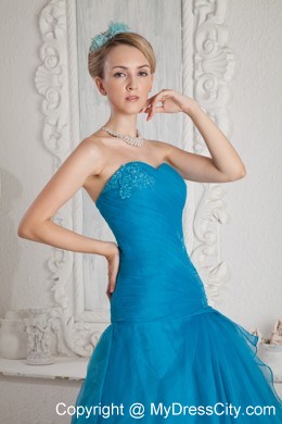 Teal Sweetheart Mermaid Prom Dress with Brush Train and Appliques