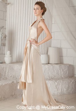 Champagne Halter Top High Slit Cool Back Prom Dress with Court Train