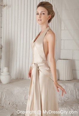 Champagne Halter Top High Slit Cool Back Prom Dress with Court Train