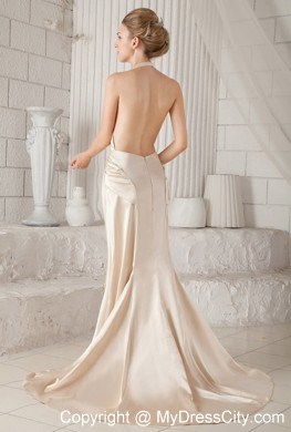 Champagne Halter Top High Slit Cool Back Prom Dress with Court Train