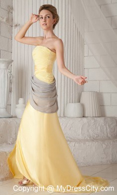 Yellow Strapless Ruching High Slit Brush Train Chiffon Prom Dress