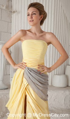 Yellow Strapless Ruching High Slit Brush Train Chiffon Prom Dress