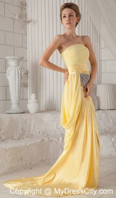 Yellow Strapless Ruching High Slit Brush Train Chiffon Prom Dress