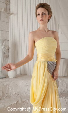 Yellow Strapless Ruching High Slit Brush Train Chiffon Prom Dress