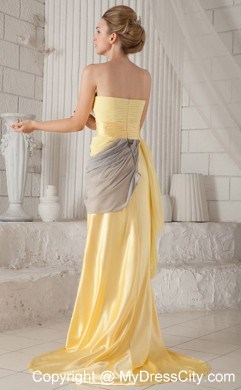 Yellow Strapless Ruching High Slit Brush Train Chiffon Prom Dress