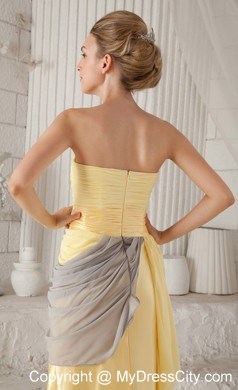 Yellow Strapless Ruching High Slit Brush Train Chiffon Prom Dress