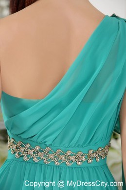 Turquoise Short Chiffon Prom Dress with One Shoulder and Beading