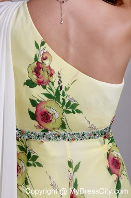 Print Fabric Beading One Shoulder Watteau Train Prom Dress