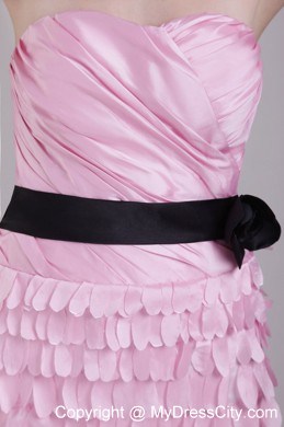 Pink Strapless Ruched Mini-length Prom Dress with Black Sash