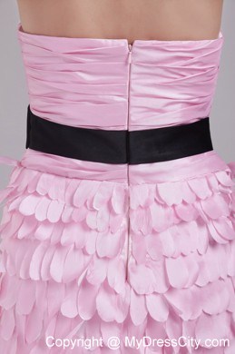 Pink Strapless Ruched Mini-length Prom Dress with Black Sash