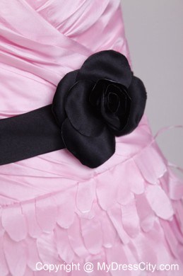 Pink Strapless Ruched Mini-length Prom Dress with Black Sash