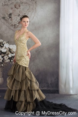 Mermaid V-neck Sequins Ruffled Prom Dresses with the Back Out