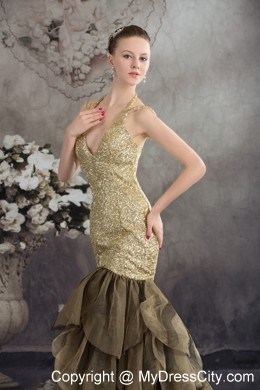 Mermaid V-neck Sequins Ruffled Prom Dresses with the Back Out