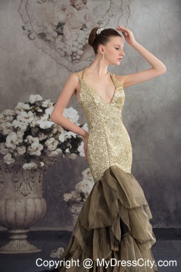 Mermaid V-neck Sequins Ruffled Prom Dresses with the Back Out