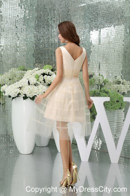 V-neck Ruched Waist Zipper up Back Tulle Short Prom Dress