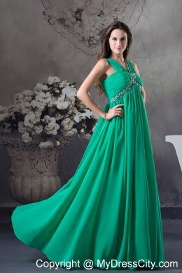 Beading and Ruching Green V-neck Chiffon Prom Dress for Ladies