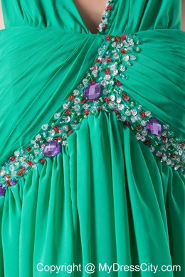 Beading and Ruching Green V-neck Chiffon Prom Dress for Ladies