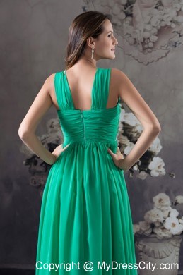 Beading and Ruching Green V-neck Chiffon Prom Dress for Ladies