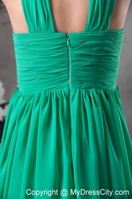 Beading and Ruching Green V-neck Chiffon Prom Dress for Ladies