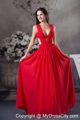 Red Ruching Cut Outs Cool Back Straps Chiffon Prom Dress